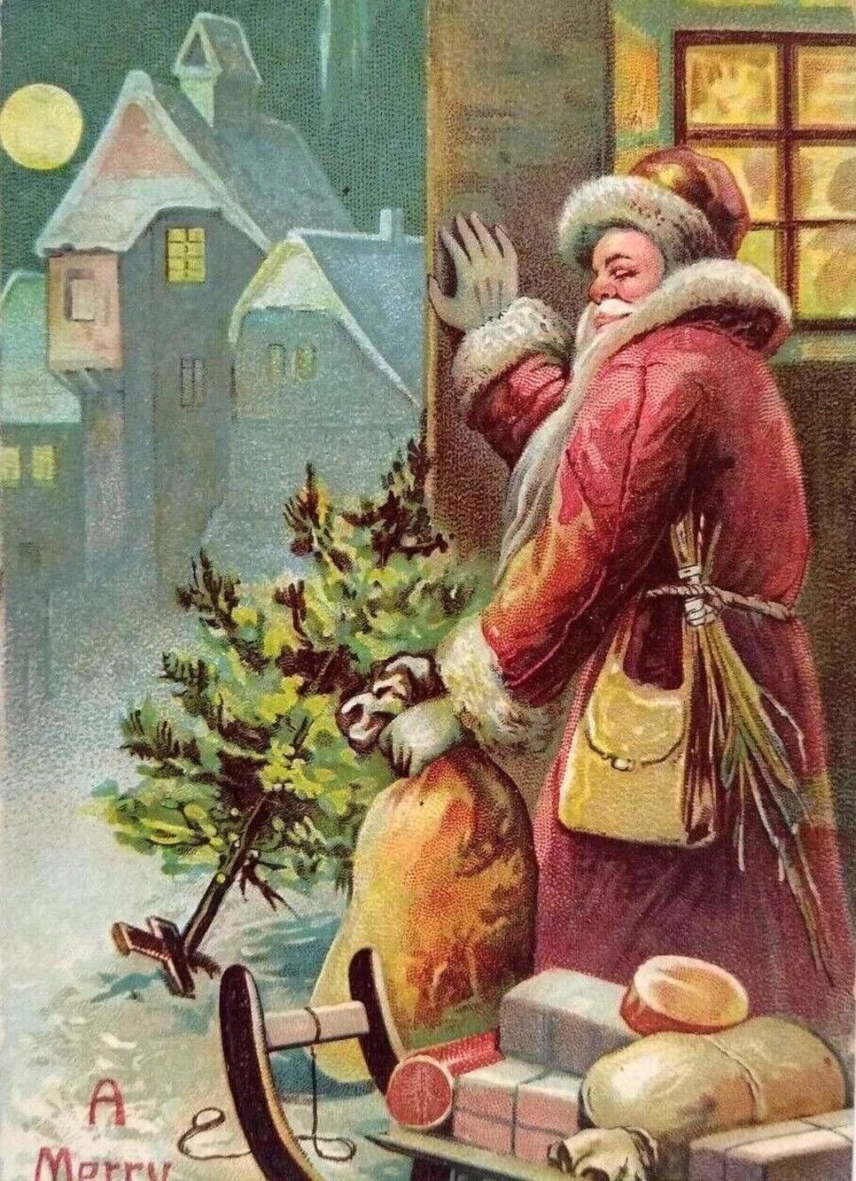 Santa Claus Christmas Postcard Old World Full Moon Village Germany Embossed Tree